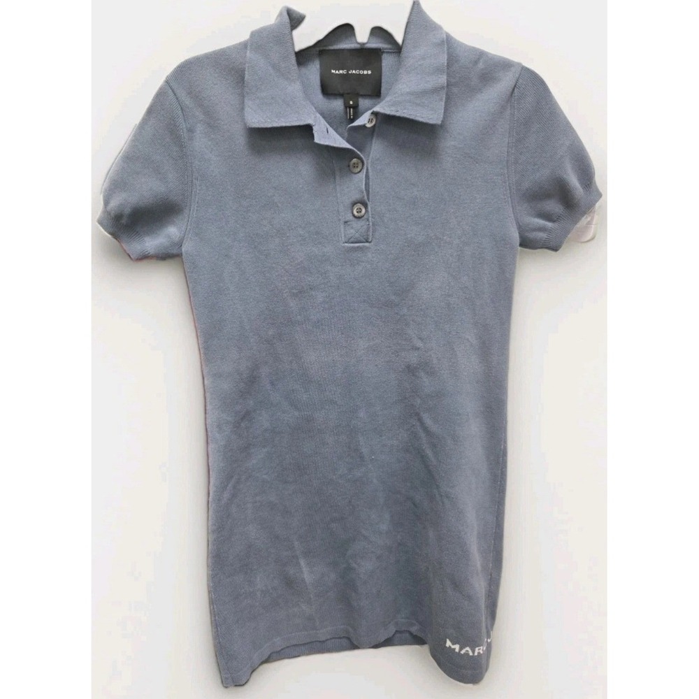 Marc Jacobs Womens Knit Polo Shirt Blue Grey Short Sleeve Logo Hem Size S